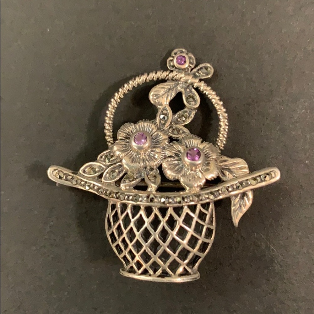 Vintage Sterling Silver Flower Basket Brooch - Picture 4 of 15